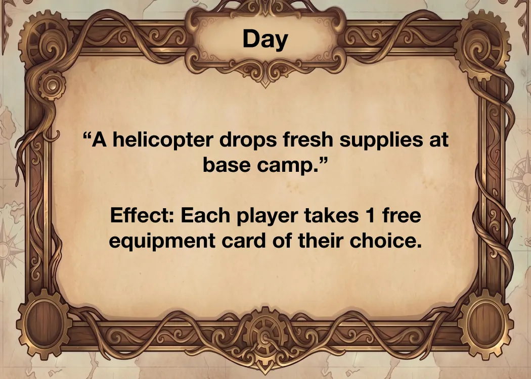 Day card: “A helicopter drops fresh supplies at base camp.” Each player takes one free equipment card of their choice.