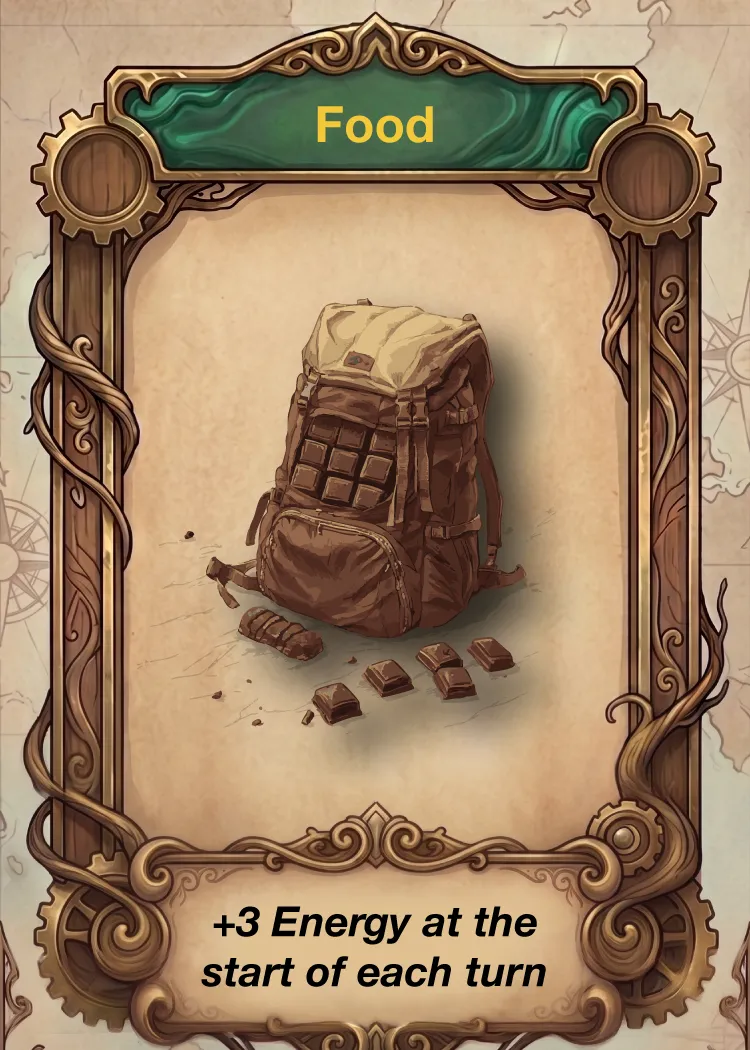 Food card, provision: a backpack with chocolate. +3 Energy at the start of each turn.